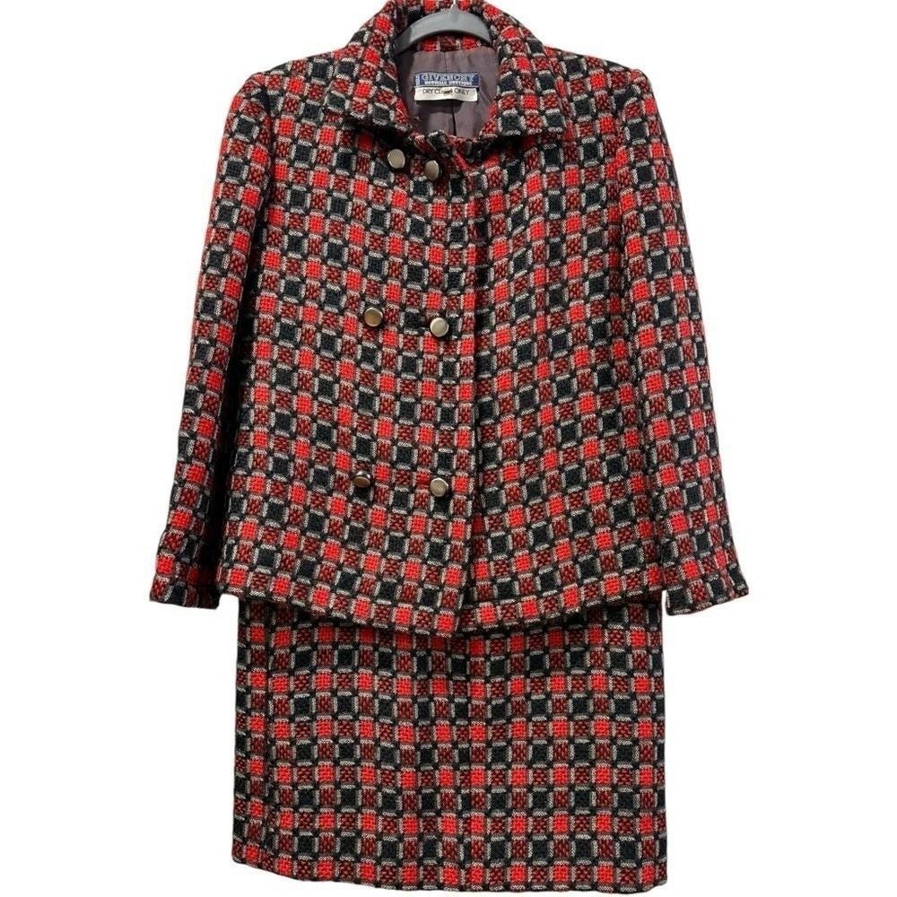 Givenchy‎ Boutique Vintage Wool Blend Skirt Suit Red Black Check 10 / 12